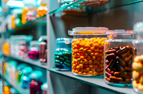Pharmaceutical Shelf with Colorful Medication Jars