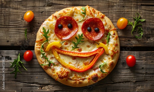 A pizza with a smiley face made of pepperoni, tomatoes and olives. Generative AI. photo