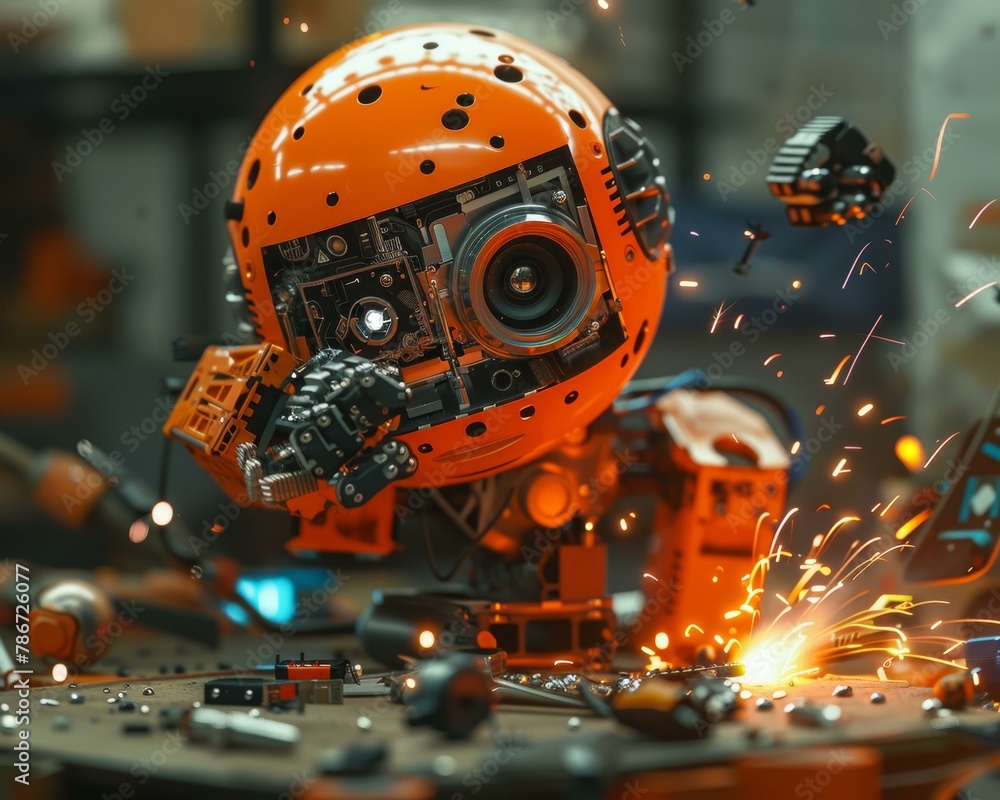 A robot with a red face and orange eyes is surrounded by sparks. Generative AI. A robot with a red face and orange eyes is surrounded by sparks. Generative AI.