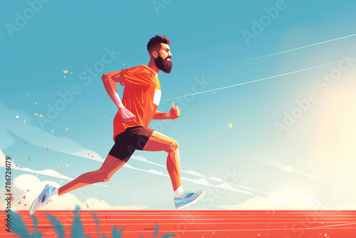 Illustration of a bearded man running on a track with a dynamic pose and vibrant colors. © neatlynatly