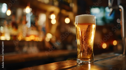 Glass of chilled lager beer on bar table. 