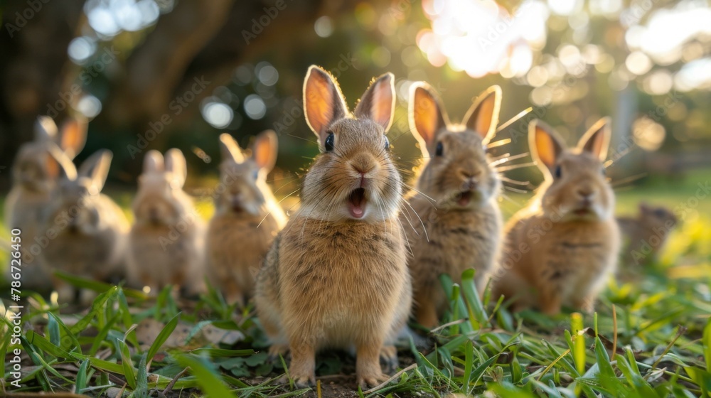 A group of rabbits are standing in the grass with their mouths open. Generative AI. A group of rabbits are standing in the grass with their mouths open. Generative AI.