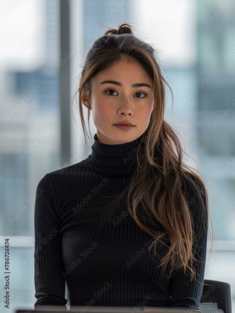 A woman in a black turtle neck sweater sitting at her desk. A woman in a black turtle neck sweater sitting at her desk.