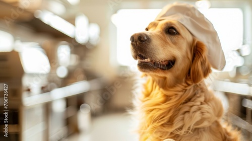 A dog wearing a chef hat in the kitchen of an establishment. Generative AI.