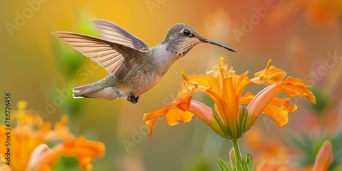 A hummingbird flying over orange flowers with a blurred background. Generative AI. © serg3d