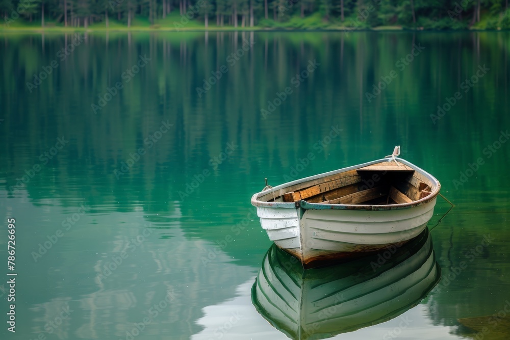 Boat in a quiet cove of a green lake Boat in a quiet cove of a green lake