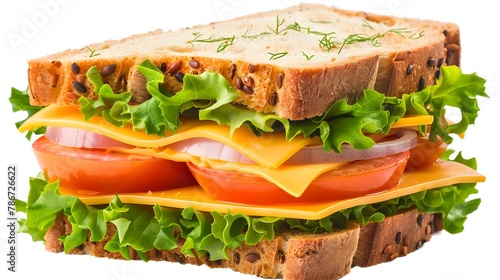 A sandwich filled with cheese, tomatoes, lettuce, onion, parsley, and dill on crispbread, isolated on a white background.