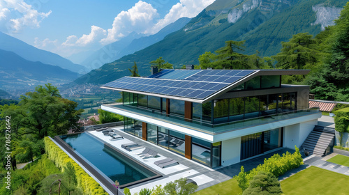 Solar panels on the roof of a beautiful villa in the mountains