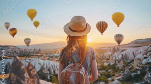 Girl traveler enjoying a solitary vacation in Goreme, Nevsehir, with breathtaking views of Cappadocia's flying hot air balloons at sunrise. photo