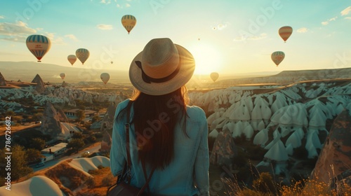 Girl traveler enjoying a solitary vacation in Goreme, Nevsehir, with breathtaking views of Cappadocia's flying hot air balloons at sunrise.