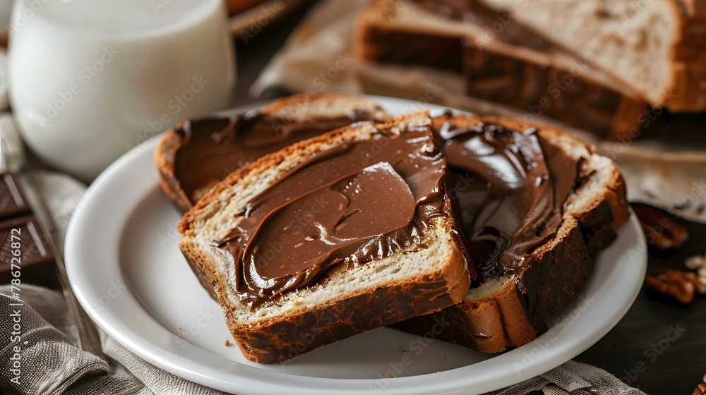 A slice of bread with chocolate spread on a white plate next to a freshly baked loaf on a table. A slice of bread with chocolate spread on a white plate next to a freshly baked loaf on a table.