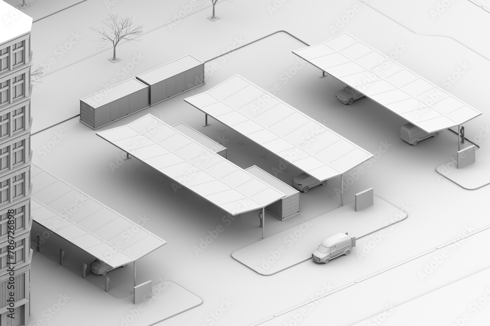 Clay rendering of Electric Vehicle Charging Station equipped with Solar Panels and Container Battery Storage. 3D rendering image.