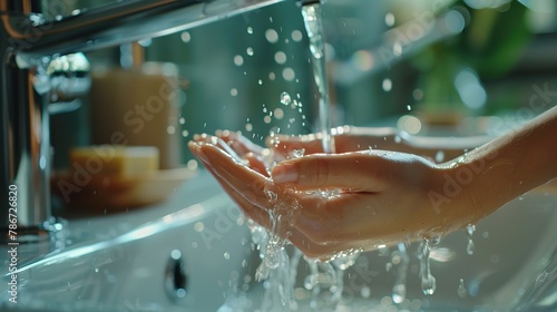 Female hands under running tap water in a bathroom at home, emphasizing hygiene and protection against infections, bacteria, germs, and viruses.