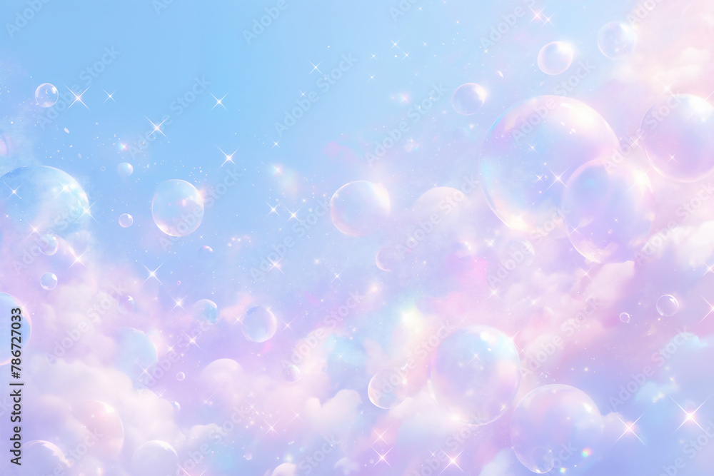 Fototapeta premium パステルカラーの雲と虹色シャボン玉が空に舞う背景