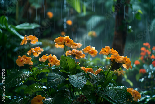 Yellow flowers in tropical garden under rain.