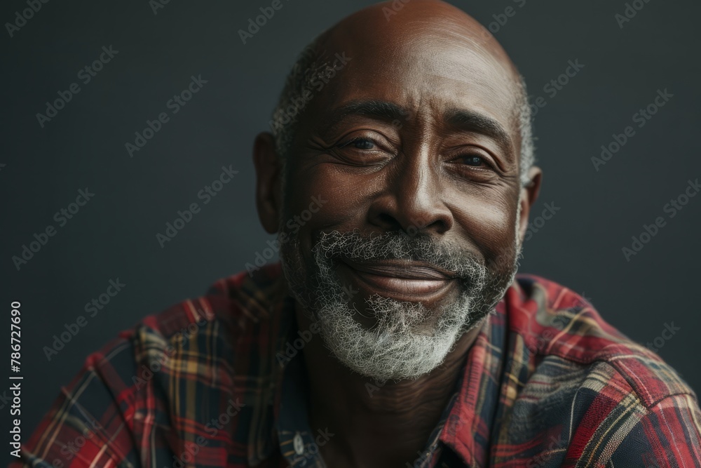 Portrait of a smiling senior African American man wearing a checkered shirt Portrait of a smiling senior African American man wearing a checkered shirt