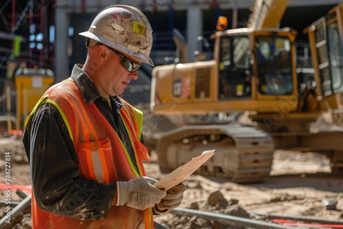 Engineer with blueprints at a construction site