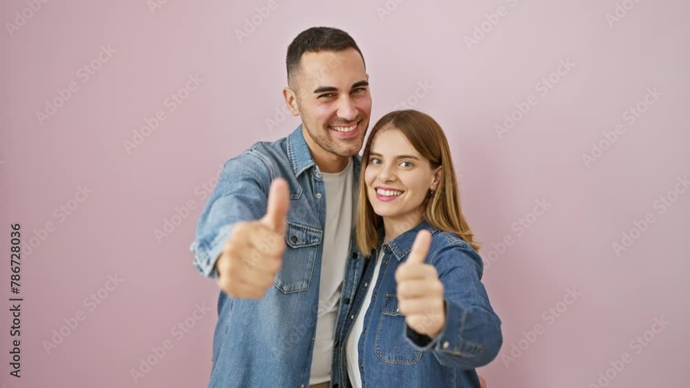 Beautiful couple's thumbs up gesture for success - smiling joyfully together wearing denim shirts over pink isolated background Beautiful couple's thumbs up gesture for success - smiling joyfully together wearing denim shirts over pink isolated background