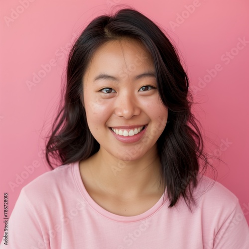 Bubbly Asian woman with curly hair and a bright smile, dressed in white, set against a playful pink backdrop, exuding charm and vivacity.