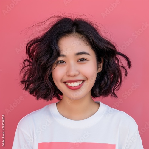 Radiant Asian woman with a joyful smile, wearing a white t-shirt against a pink background, embodying positivity and youthfulness.