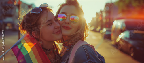 LGBTQ, Pride month, Happy people with rainbow flags wearing on City street