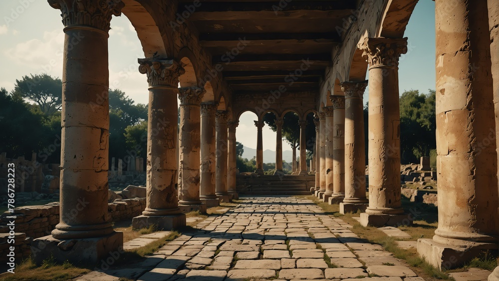 ancient ruins walkway with ancient roman columns from Generative AI