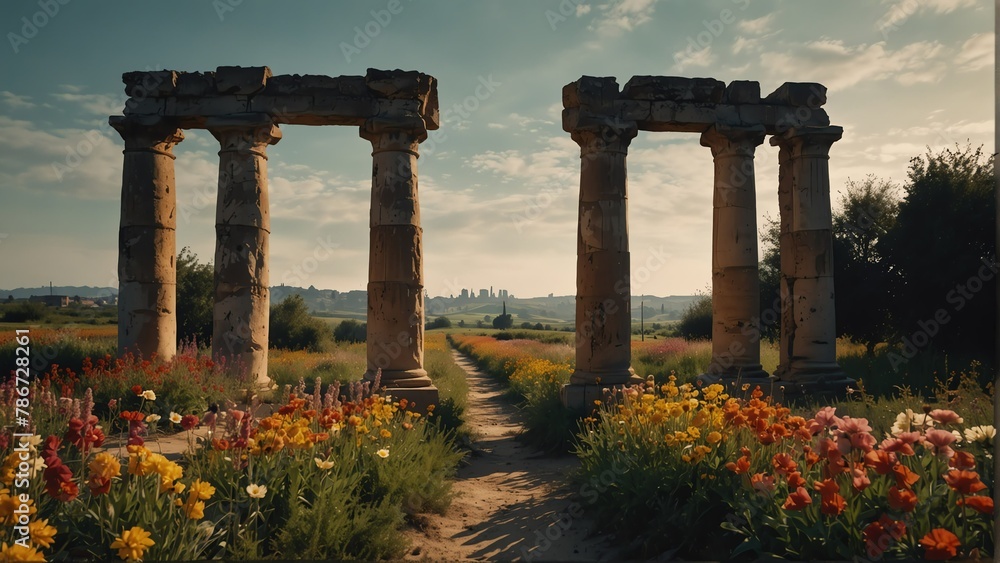 flower fields walkway with ancient roman columns from Generative AI