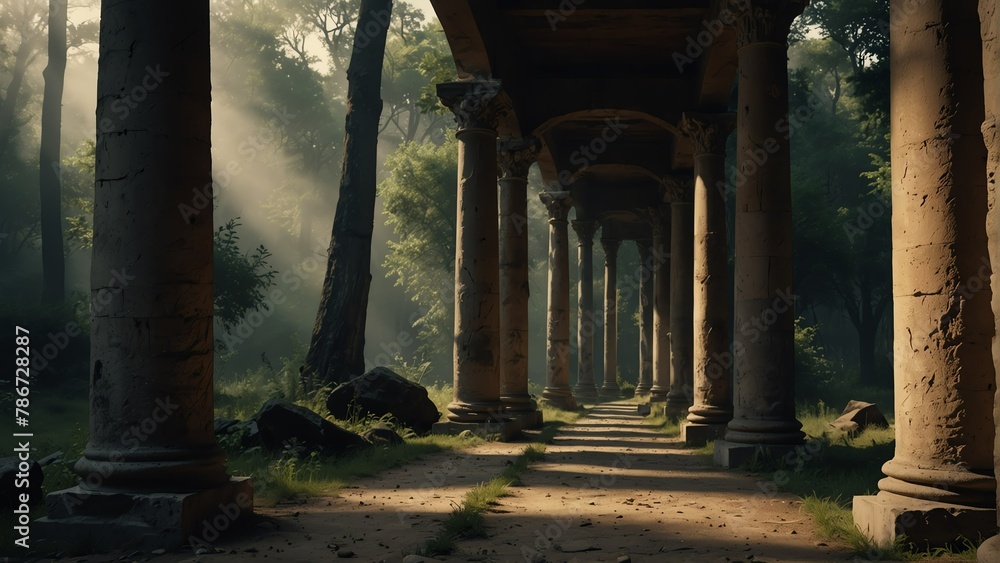 forest walkway with ancient roman columns from Generative AI - obrazy, fototapety, plakaty 