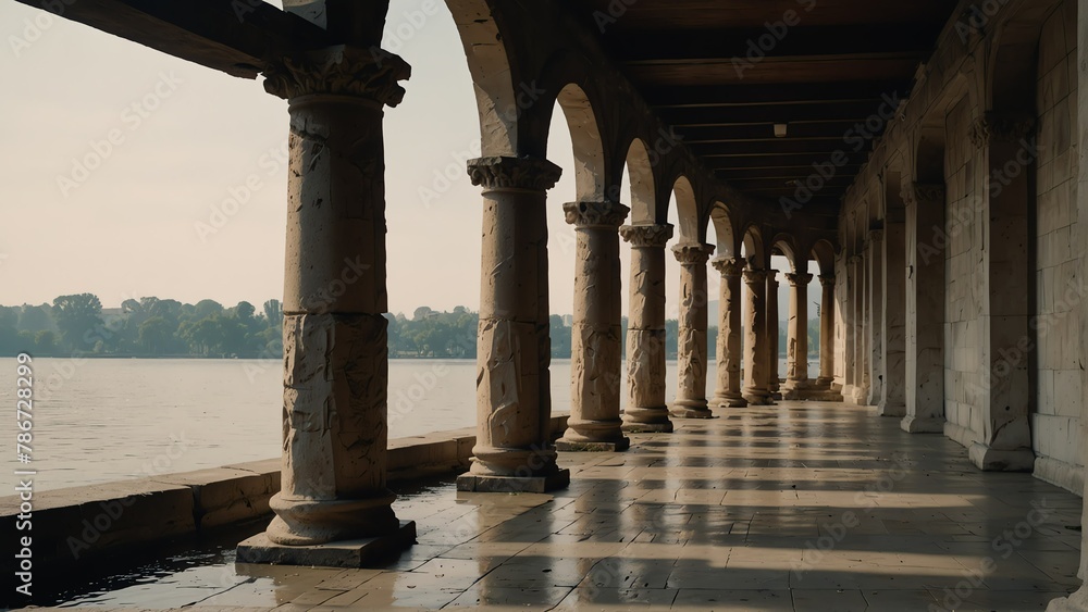 lakeside walkway with ancient roman columns from Generative AI