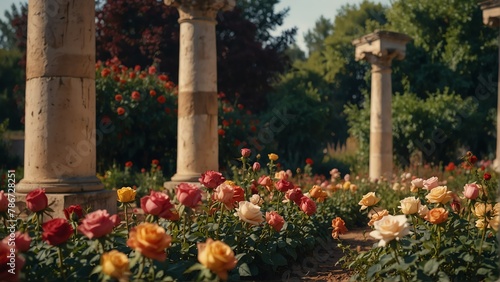 colorful roses fields walkway with ancient roman columns from Generative AI