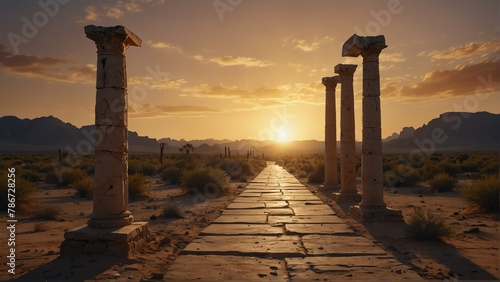 desert sunset walkway with ancient roman columns from Generative AI