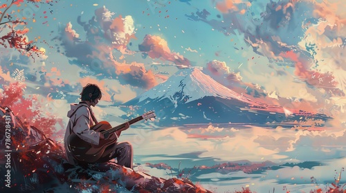 Dreamy cartoon poster with musician gazing at cloudy mountain photo