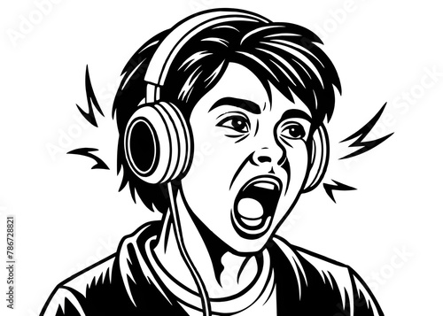 Angry Girl with Headphones.Vector illustration ready for vinyl cutting.