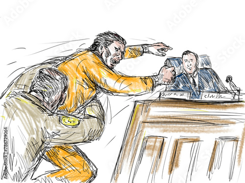 Papier peint Pastel pencil pen and ink sketch illustration of a courtroom trial setting with defendant leaping at judge with bailiff or security police officer restraining convict in court drama