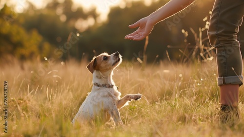 Dog reaching for human hand in sunlit field