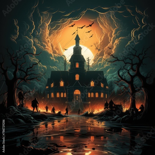 A dark and stormy night. A large, creepy house sits on a hill overlooking a lake. The moon is full and there is a blood-red sky. Zombies are walking towards the house.