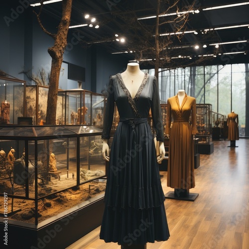 A dark colored dress on a mannequin in a museum with glass cases and dioramas in the background.