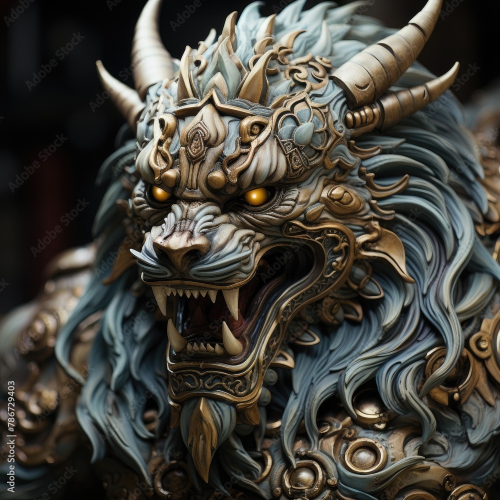 A highly detailed and realistic 3D rendering of a white and gold mythological creature with the head of a lion and the body of a lion. The creature is standing on a pedestal and has its mouth open and