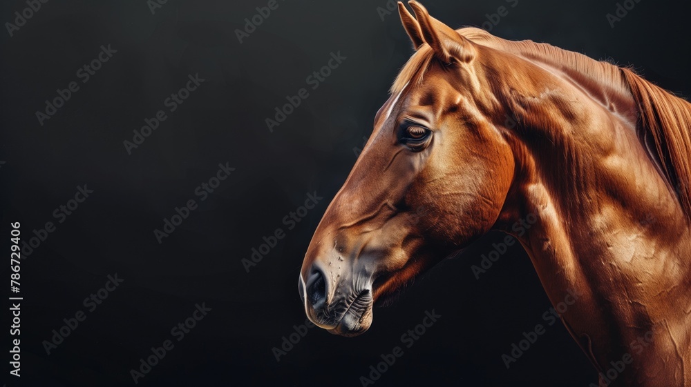 Fototapeta premium Close-up of chestnut horse on dark background, highlighting animal's elegant profile