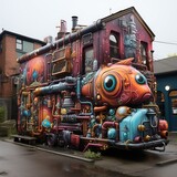 A steampunk fish house with lots of pipes and a big eye on the front