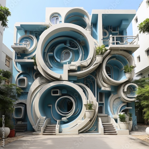 A postmodern building with blue and white colors and lots of circular elements