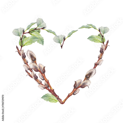 Watercolor heart wreath made of twigs willow and green leaves isolated on white background. Hand-drawn frame for spring Easter decor with copy space. Botanical bouquet for wallpaper. Nature clipart