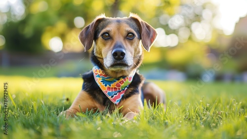 Dog with bandana posing in sunny grass