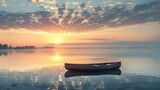 Serene sunset over calm lake with canoe