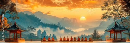 Tibetan Buddhist monks sitting in meditation pose at sunset. Twelve Tibetan monks in traditional orange robes sit in row. Wide natural landscape. Banner with place for text photo