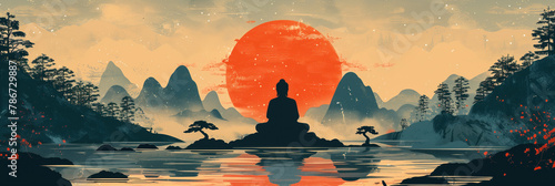 Buddha meditates in lotus position against background sun, rear view. Wide landscape view. Holiday Buddha's Birthday. Buddhism concept. Banner with place for text