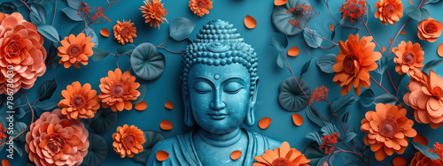 Buddha statue decorated with orange flowers on a blue background, close-up. Holiday Buddha's Birthday. Buddhism concept. Banner photo