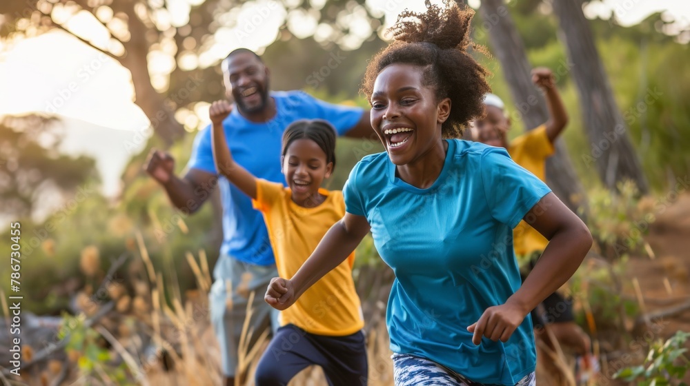 A joyful moment captured as a family engages in a playful outdoor workout, emphasizing the fun and bonding that comes with staying active together.