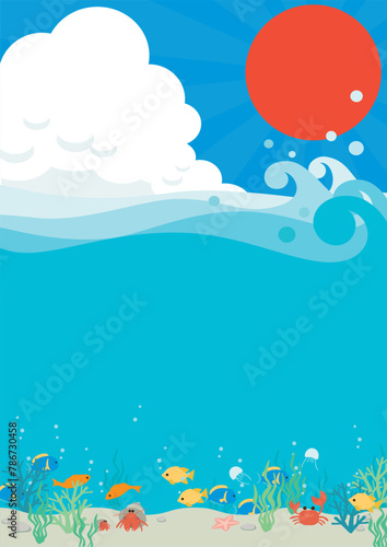 魚が泳ぐ海と夏の空と太陽のベクターイラスト