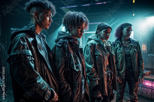 Group of young people standing in a dark room. The concept of cyberpunk.